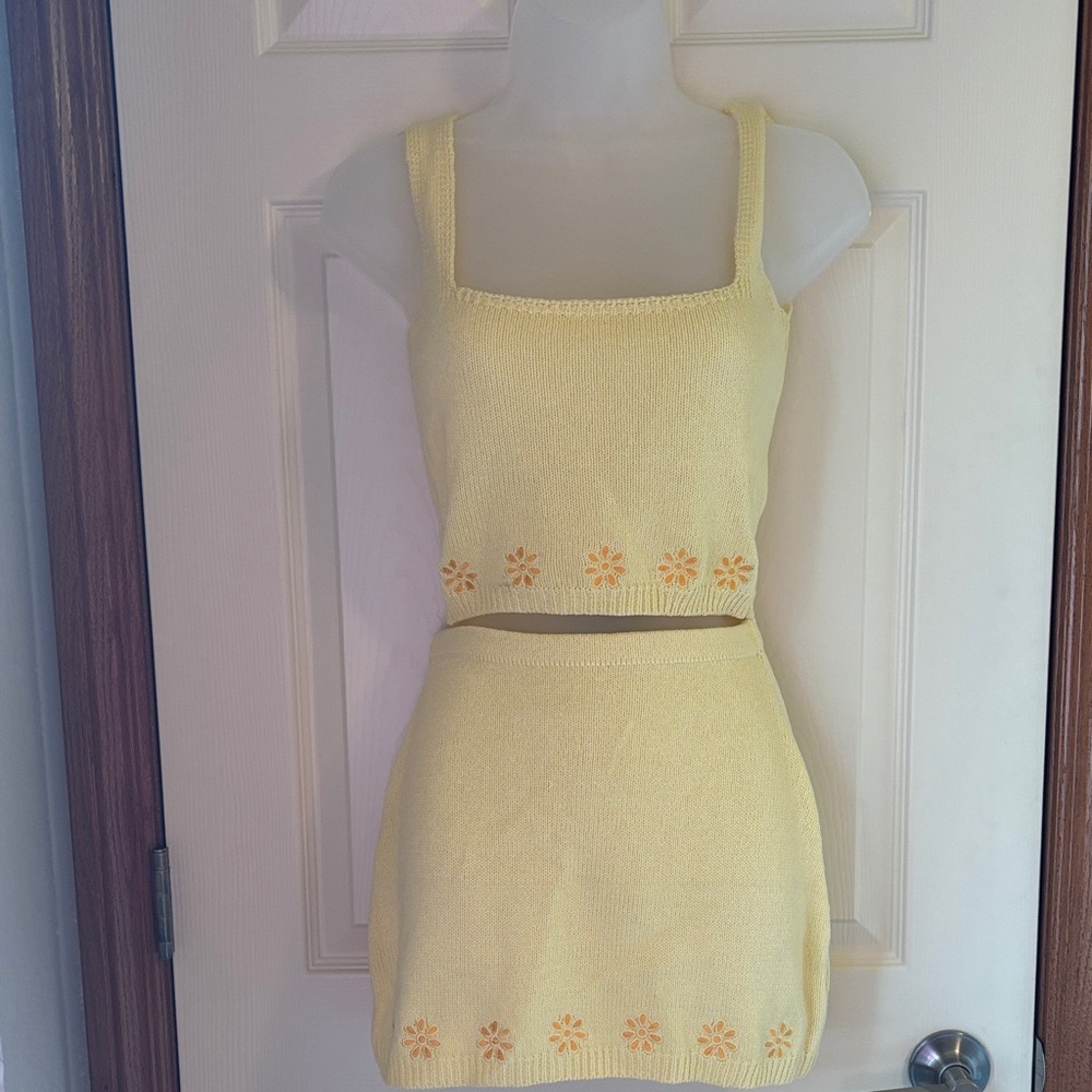 EGO Pale Yellow Floral Knit Two-Piece Skirt Set